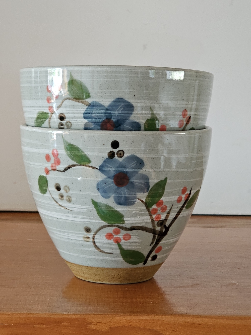 Hand-Painted Ceramic Floral Bowls - Blue & Green